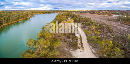 Aerial panorama of Murray River and dirt road at Kingston on Murray, Riverland, South Australia Stock Photo