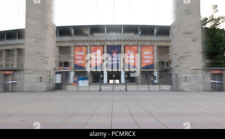 Berlin, Germany. 02nd Aug, 2018. Posters hanging on the facade of the Olympic Stadium. The 24th European Athletics Championships (07 August 2018 to 12 August 2018) will take place here. Credit: Paul Zinken/dpa/Alamy Live News Stock Photo