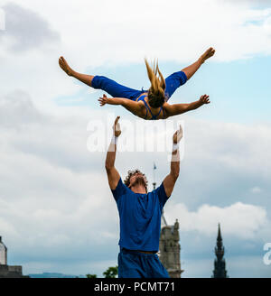 Edinburgh Fringe Festival, Edinburgh, UK. 3rd August 2018. Calton Hill, Edinburgh, Scotland United Kingdom: Photocall for Barely Methodical Troupe (BMT), an experimental acrobatic circus, which fuses an eclectic blend of hand-to-hand, Cyr wheel, parkour, b-boying, tricking and contemporary dance. Their 2018 fringe show, SHIFT, is on at Underbelly’s Circus Hub on the Meadows