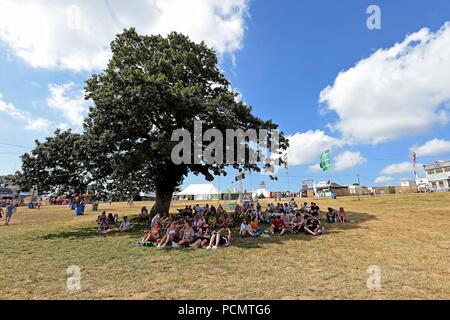 Lulworth Castle, Dorset, UK. 3rd Aug 2018. Festival goers relax in the shade at Bestival, Lulworth Castle, Dorset. Credit: Finnbarr Webster/Alamy Live News Stock Photo