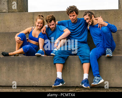 Edinburgh Fringe Festival, Edinburgh, UK. 3rd August 2018. Calton Hill, Edinburgh, Scotland United Kingdom: Photocall for Barely Methodical Troupe (BMT), an experimental acrobatic circus, which fuses an eclectic blend of hand-to-hand, Cyr wheel, parkour, b-boying, tricking and contemporary dance. Their 2018 fringe show, SHIFT, is on at Underbelly’s Circus Hub on the Meadows