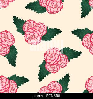 Pink Begonia Flower, Picotee First Love on Beige Ivory Background. Vector Illustration. Stock Vector