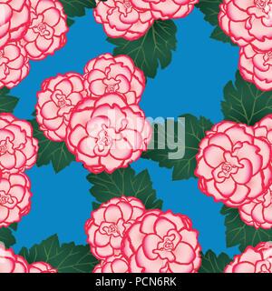 Pink Begonia Flower, Picotee First Love on Blue Background. Vector Illustration. Stock Vector