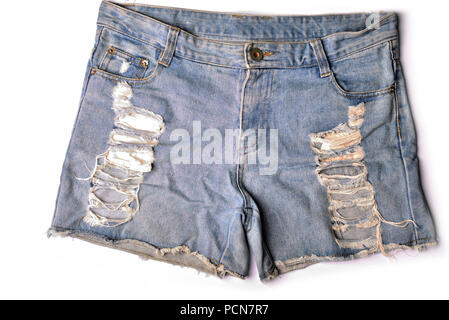 Blue denim shorts on white background. Stock Photo