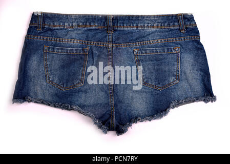 Blue denim shorts on white background. Stock Photo