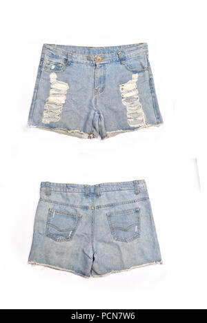 Blue denim shorts on white background. Stock Photo