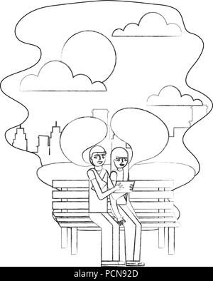 couple sitting on bench making selfie in the city vector illustration hand drawing Stock Vector