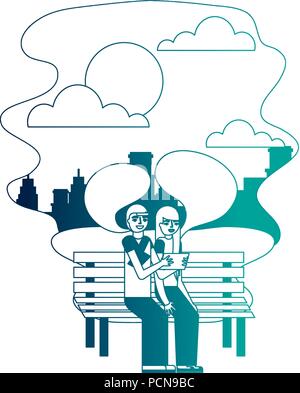 couple sitting on bench making selfie in the city vector illustration neon desing Stock Vector