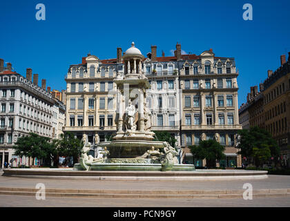 Beautiful Jacobin's square and fountain in Lyon France on sunny summer day Stock Photo