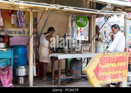 PONDICHERY, PUCUCHERRY, TAMIL NADU, INDIA - SEPTEMBER CIRCA, 2017. Local street food shop restaurant on the road at Pondichery, India. Cheap and very  Stock Photo