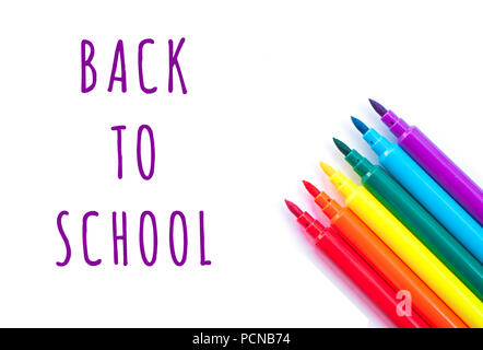 Colorful marker pen set isolated on white background with text. Stock Photo