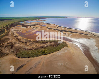 Aerial view of shallow pink salt lake Tyrrell in Victoria, Australia ...