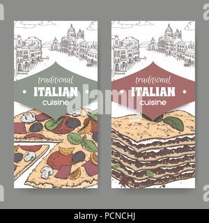 Two color banners with Venice landscape, pizza and lasagna on white. Stock Vector
