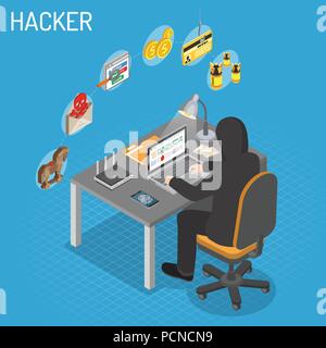 Hacker Isometric Concept Stock Vector