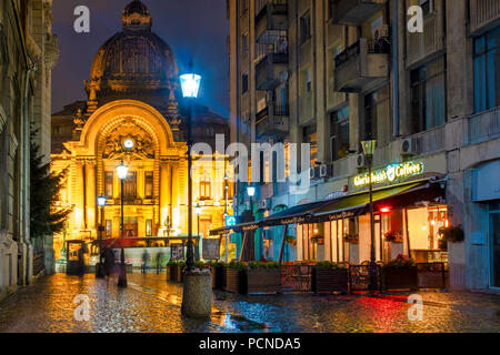 CEC Palace as seen from Strada Stavropoleos, Lipscani, Bucharest, Romania Stock Photo