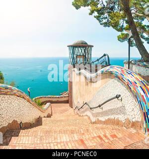 entrance to beautiful small park with brick stairs and ceramic decorations overlooking mediterranean sea on Amalfi coast, Vietri Sul Mare, Salerno, Ca Stock Photo