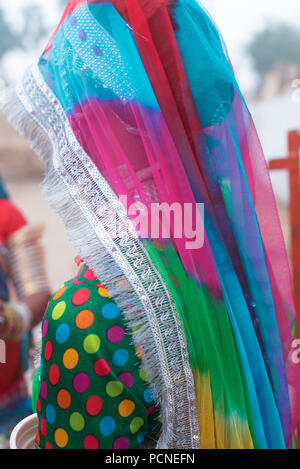 A South Asian India woman wearing a colorful saree with a silver decorative embroidered border and a multicolored dotted blouse the traditional attire Stock Photo