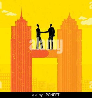 Business Merger Two businessmen shaking hands after merging their companies together. Stock Vector