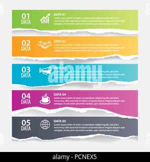 Infographics torn paper in horizontal with 5 data template. Vector illustration abstract background. Can be used for workflow layout, business step, b Stock Vector