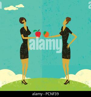 Comparing Apples and Oranges Two businesswomen comparing an apple and an orange. The women are on a separate labeled layer from the background. Stock Vector
