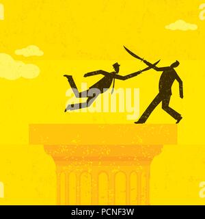 Corporate Battle Two retro businessmen fighting, with swords, in a effort to stand atop the pedestal as the lone leader. The men and background are on Stock Vector