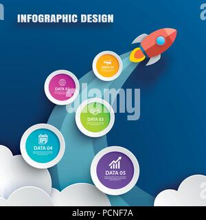 Startup infographics with 5 circle data template. Vector illustration abstract rocket paper art background. Can be used for planning, strategy, workfl Stock Vector