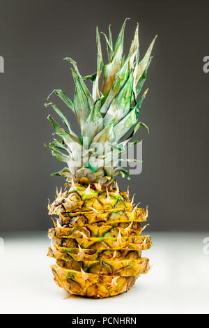 Close-up of sliced pineapple on white and grey background. Front view of creatively cut  ripe fresh pineapple Stock Photo