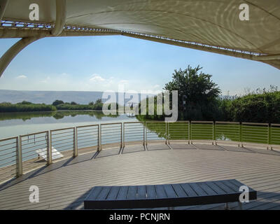 Israel, Hula Valley, Agmon lake, visitor's hide and observation deck overlooking the re-established lake Stock Photo