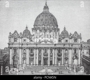 The Papal Basilica of St. Peter in the Vatican, Basilica Papale di San Pietro in Vaticano, or simply St. Peter's Basilica, Basilica Sancti Petri, is an Italian Renaissance church in Vatican City, Rome, Italy, digital improved reproduction of an historical image from the year 1885 Stock Photo