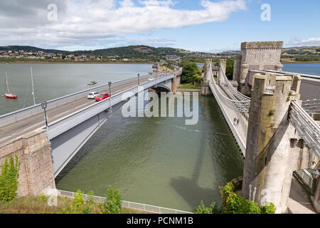 Looking across the Conwy Suspension Bridge from high up on Conwy Castle in North Wales. Stock Photo