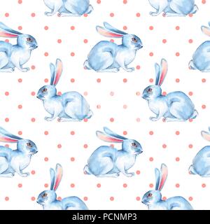 Seamless pattern with white rabbits. Watercolor illustration Stock Photo
