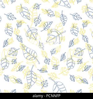 Vector surface pattern, texture with shapes of falling leaves, foliage in yellow and dark blue, navy blue color on white background Stock Vector