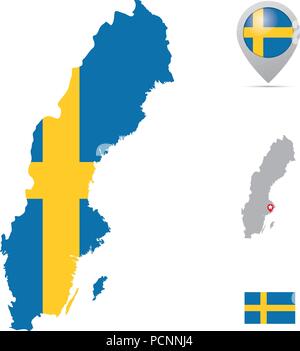 Sweden map in national flag colors, flag,  marker and location of capital. Stock Vector