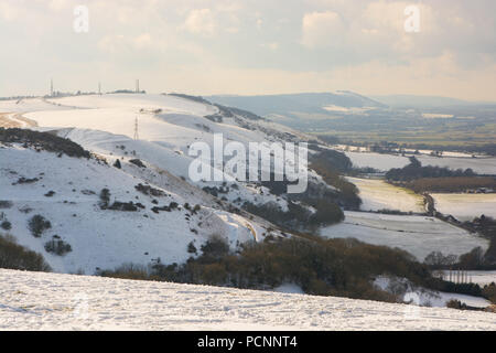 The South Downs covered in snow. View looking west from Devils Dyke near Brighton, East Sussex, England Stock Photo