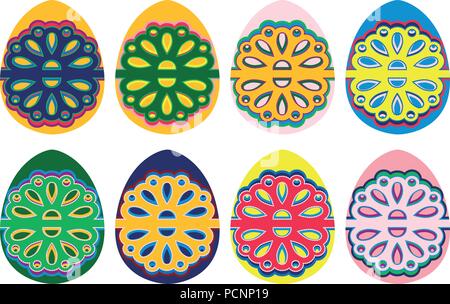 Graphic, illustration set of 8 multicolor Easter eggs in boho, folk, ethno style and design inspired by polish folklore art. Multicolored pattern in t Stock Vector