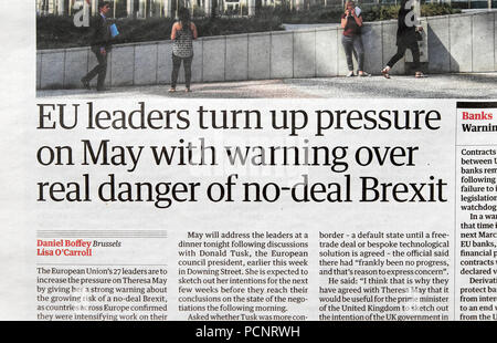 'EU leaders turn up pressure on May with warning over real danger of no-deal Brexit' newspaper headline on 27 June 2018 article in Guardian London UK Stock Photo