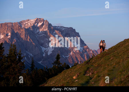Hiker in the foothills of the Alps at sunrise, Zugspitze in the background, Wetterstein Mountains, Upper Bavaria, Bavaria, Germany Stock Photo