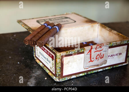 Caribbean, Cuba, Trinidad, cigars on cigar box Stock Photo