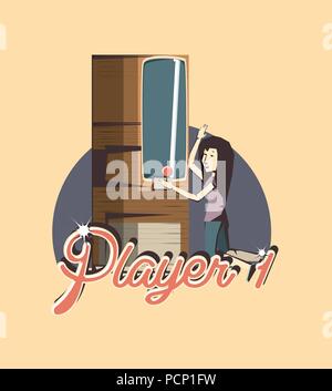 girl playing in Arcade machine over yellow background, colorful design. vector illustration Stock Vector