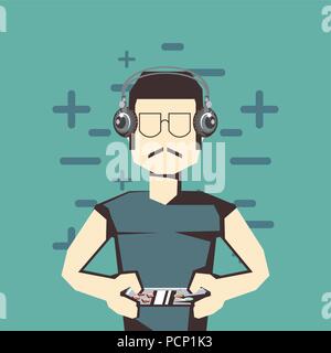 retro videogames design with avatar man with headphones and gamepad  over blue background, colorful design. vector illustration Stock Vector