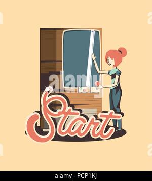 girl playing in Arcade machine over yellow background, colorful design. vector illustration Stock Vector