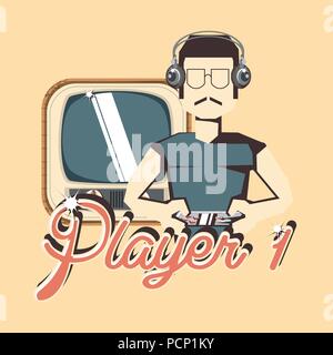 retro videogames, player 1 design with avatar man with headphones and gamepad over retro television and yellow background, colorful design. vector illustration Stock Vector