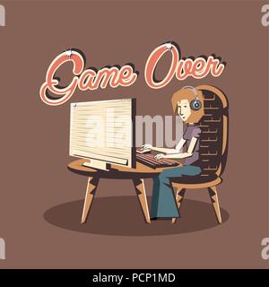 retro videogame design with woman playing videogames on computer over brown background, colorful design. vector illustration Stock Vector