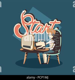 retro videogame design with man playing videogames on computer over blue background, colorful design. vector illustration Stock Vector