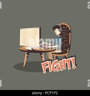 retro videogame design with man playing videogames on computer over brown background, colorful design. vector illustration Stock Vector