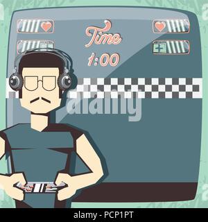 retro videogames design with avatar man with headphones and gamepad  over videogame interface background, colorful design. vector illustration Stock Vector