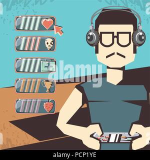 retro videogames design with avatar man with headphones and gamepad  over blue background, colorful design. vector illustration Stock Vector