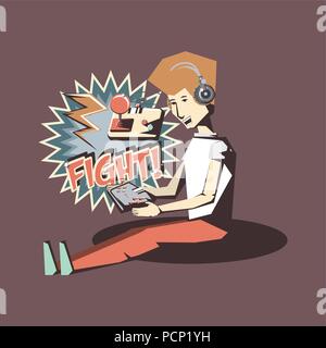 retro videogames design with avatar man sitting and playing videogames  over brown background, colorful design. vector illustration Stock Vector
