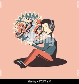 retro videogames design with avatar man with headphones and playing videogames over pink background, colorful design. vector illustration Stock Vector