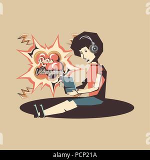 retro videogames design with avatar woman playing videogames over yellow  background, colorful design. vector illustration Stock Vector